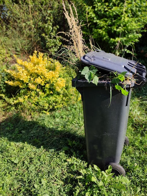 A black wheeled garden bin filled with garden waste such as dried grasses, green leaves, and small branches, situated on a grassy area. Surrounding the bin are lush green plants, including a yellow-fl